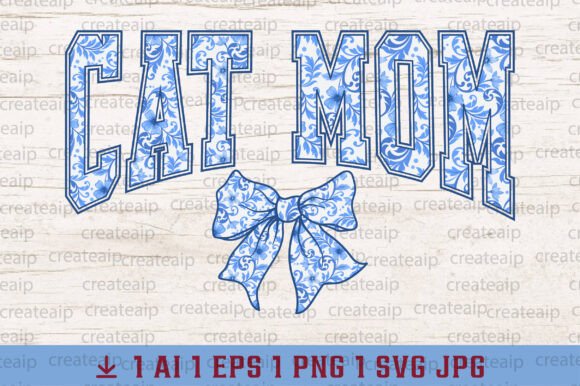 Coquette Bow Cat Mom Chinoiserie Blue Graphics for T-Shirt Designs