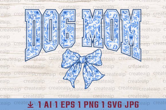 Coquette Bow Dog Mom Chinoiserie Blue for T-Shirt Designs and Brand Graphics