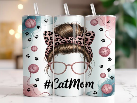 Messy Bun Cat Mom Tumbler Wrap: A Playful Graphic Design Asset for Content Creators